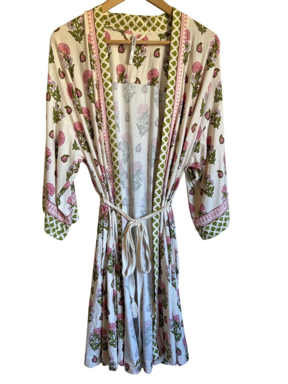 Soma Cool Nights Size L/XL Ivory Floral Robe Rope Tie Belt Rayon Blend